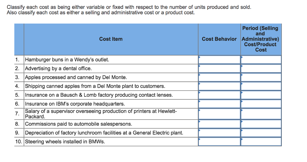  Classify each cost as being either variable or fixed with respect