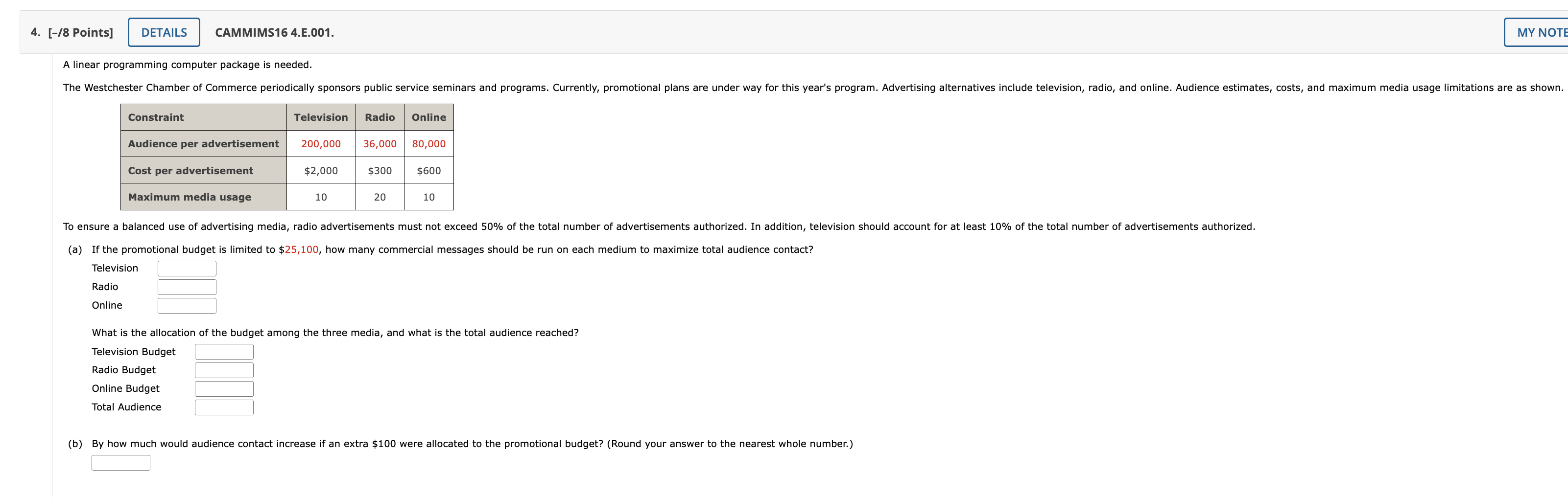  A linear programming computer package is needed. The Westchester Chamber of