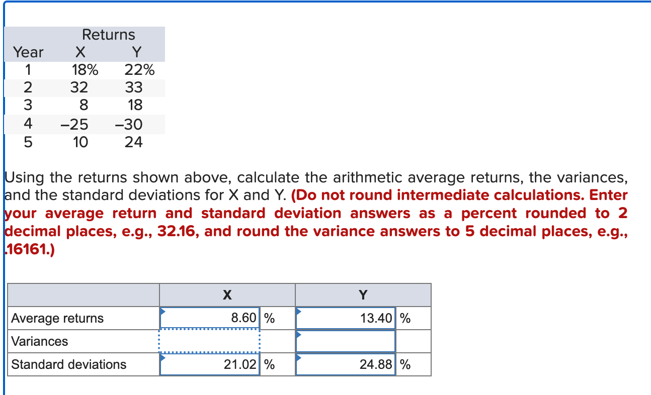 Answer the Variances with whats given. Using the returns shown above, calculate