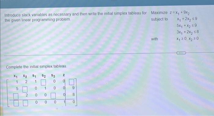  Introduce slack variables as necessary and then write the initial simplex