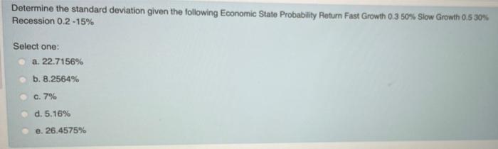  Determine the standard deviation given the following Economic State Probability Return