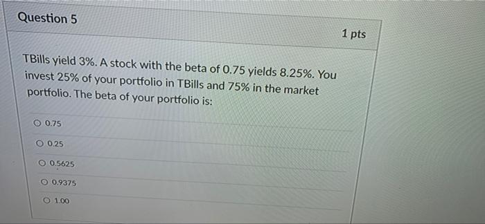  Question 5 TBills yield 3%. A stock with the beta of