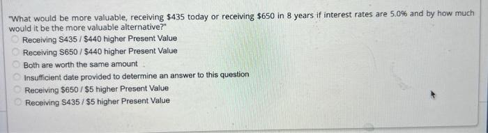  "What would be more valuable, receiving $435 today or receiving $650