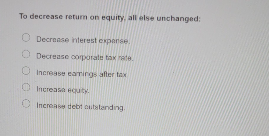 To decrease return on equity, all else unchanged: Decrease interest expense.