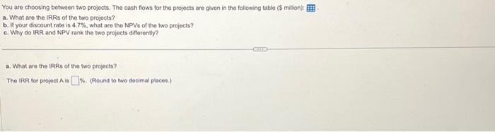  You are choosing between two projocts. The cash flows for the