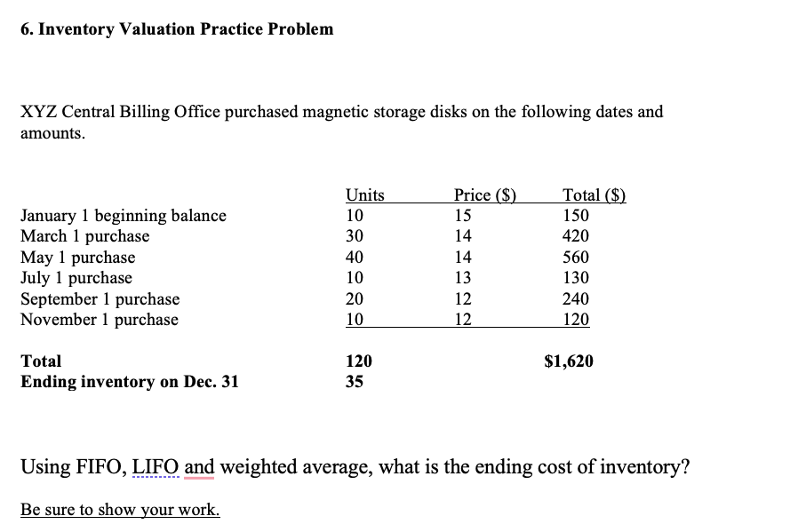 6. Inventory Valuation Practice Problem XYZ Central Billing Office purchased magnetic