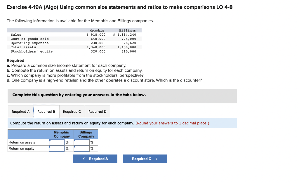 you got the answer please Exercise 4-19A (Algo) Using common size statements
