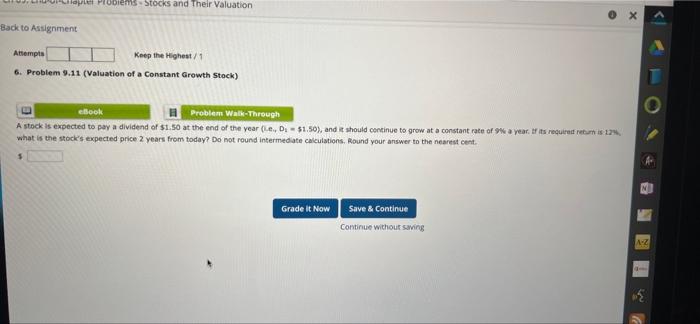  Hapter Problems-Stocks and Their Valuation Back to Assignment Attempts Keep the