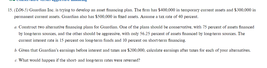  (LO6-5) Guardian Inc. is trying to develop an asset financing plan.