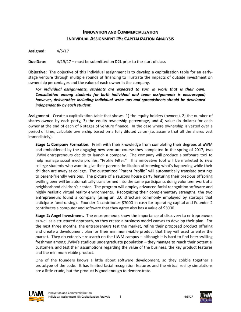 INNOVATION AND COMMERCIALIZATION INDIVIDUAL ASSIGNMENT #5: CAPITALIZATION ANALYSIS Assigned: must be
