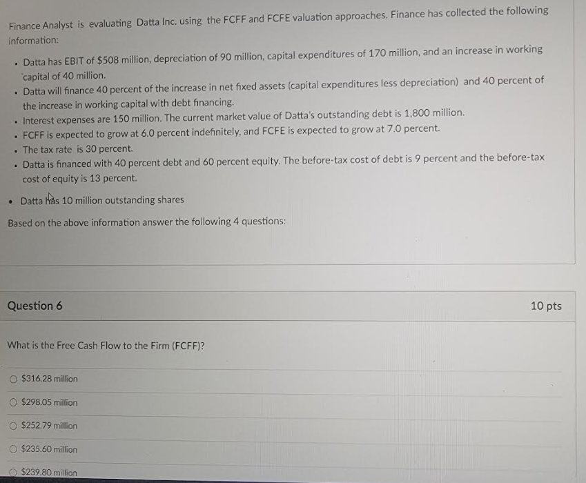 . . Finance Analyst is evaluating Datta Inc. using the FCFF