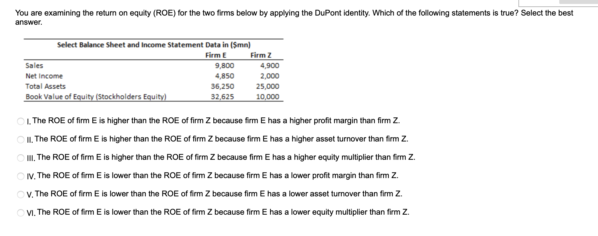  You are examining the return on equity (ROE) for the two
