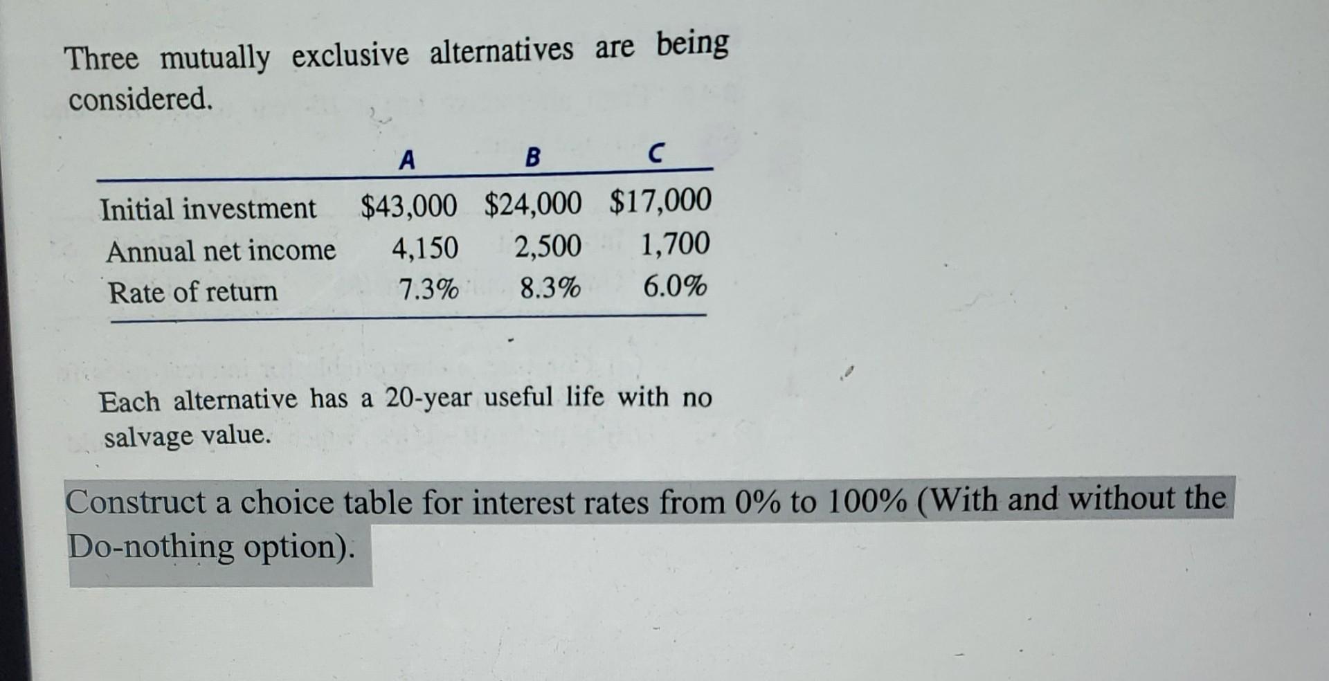  please use incremental rate of return and do not split uniform
