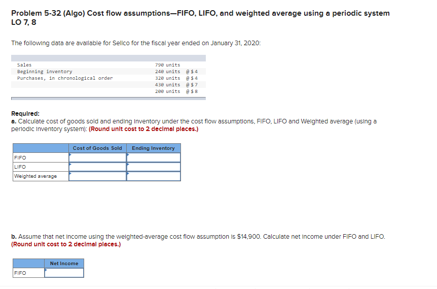  Problem 5-32 (Algo) Cost flow assumptions-FIFO, LIFO, and weighted average using