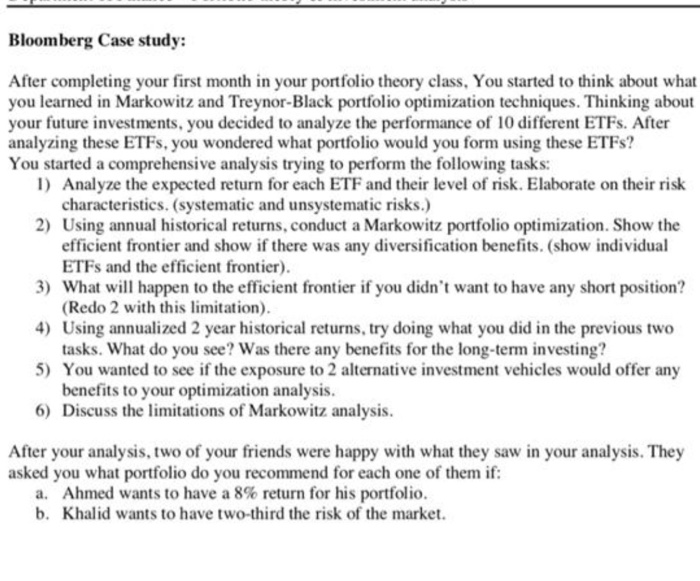  Bloomberg Case study: After completing your first month in your portfolio