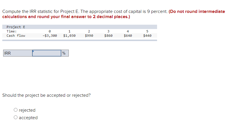 Compute the IRR statistic for Project E. The appropriate cost of
