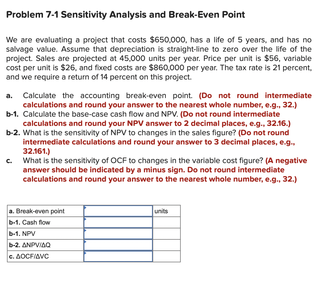  Problem 7-1 Sensitivity Analysis and Break-Even Point We are evaluating a