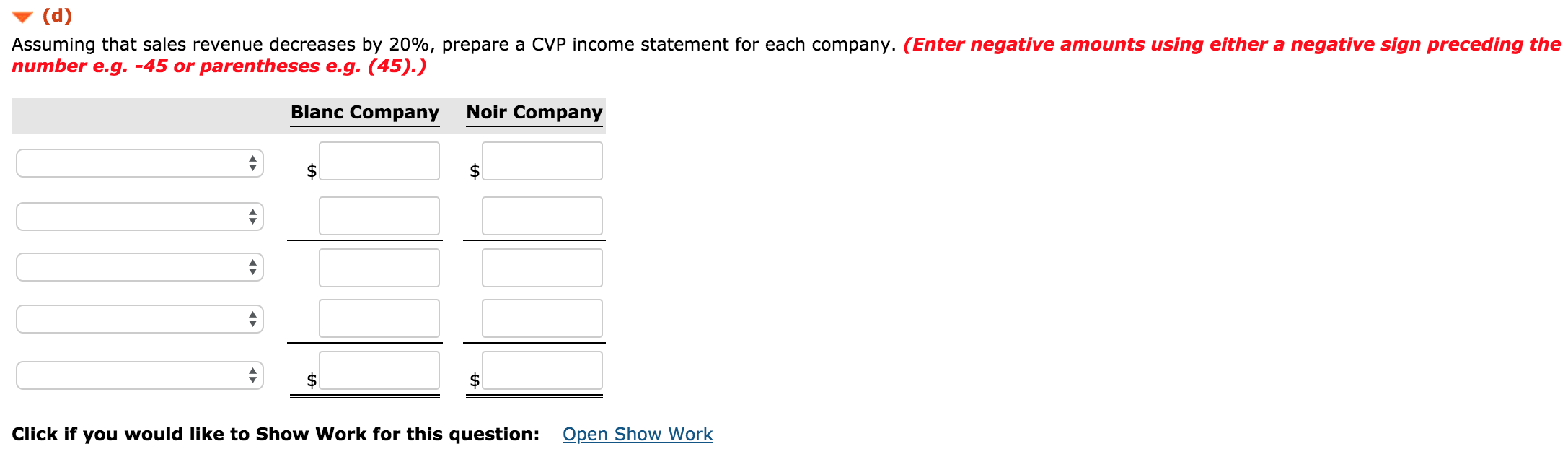 CVP income statements are available for Blanc Company and Noir Company. Blanc