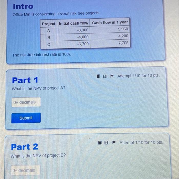  Intro Office Min is considering several risk-free projects: Project Initial cash