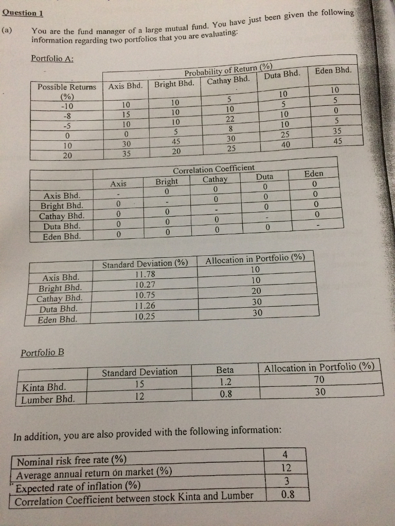 (a) Calculate the expected return, standard deviation for both portfolio A