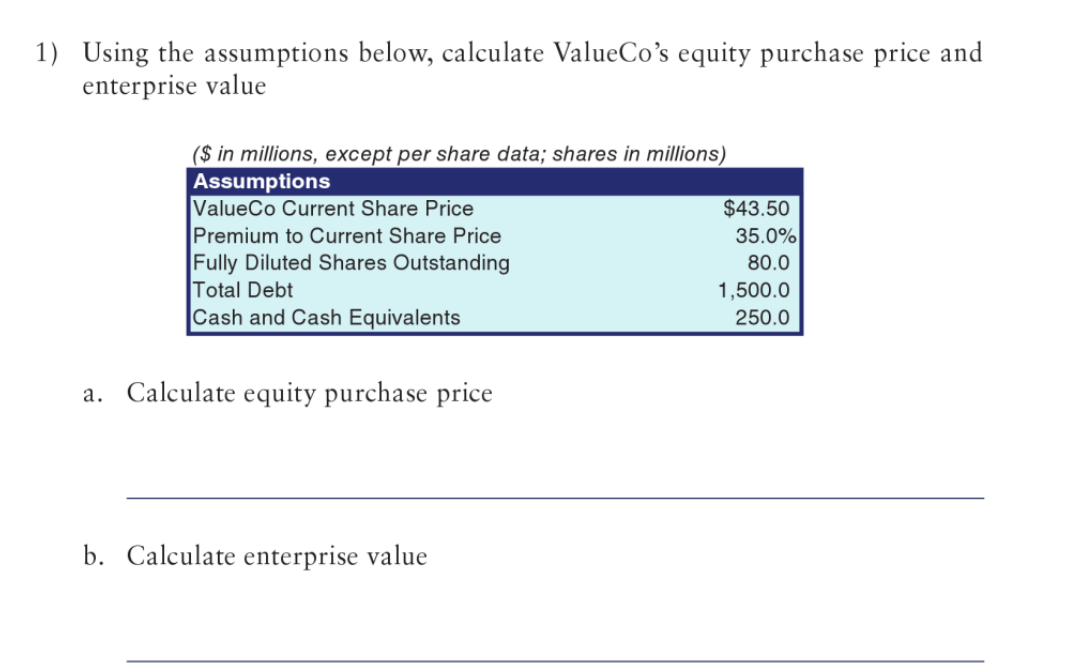  1) Using the assumptions below, calculate ValueCo's equity purchase price and