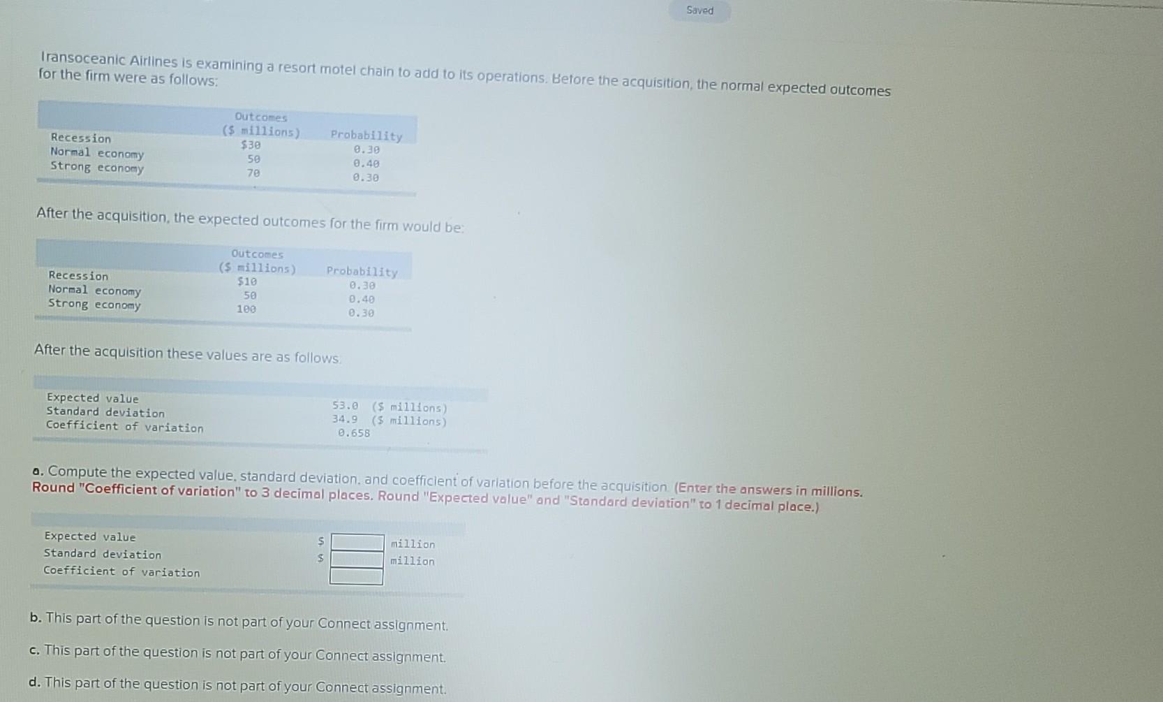 a. compute the expected value, standard deviation, and coefficient of variation