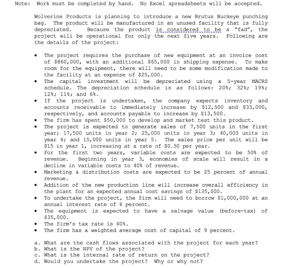  Work must be completed by hand. No Excel spreadsheets will be