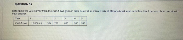  QUESTION 16 for a break even cash flow. Use 2 decimal