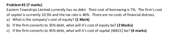  Problem #2 (7 marks) Eastern Townships Limited currently has no debt.
