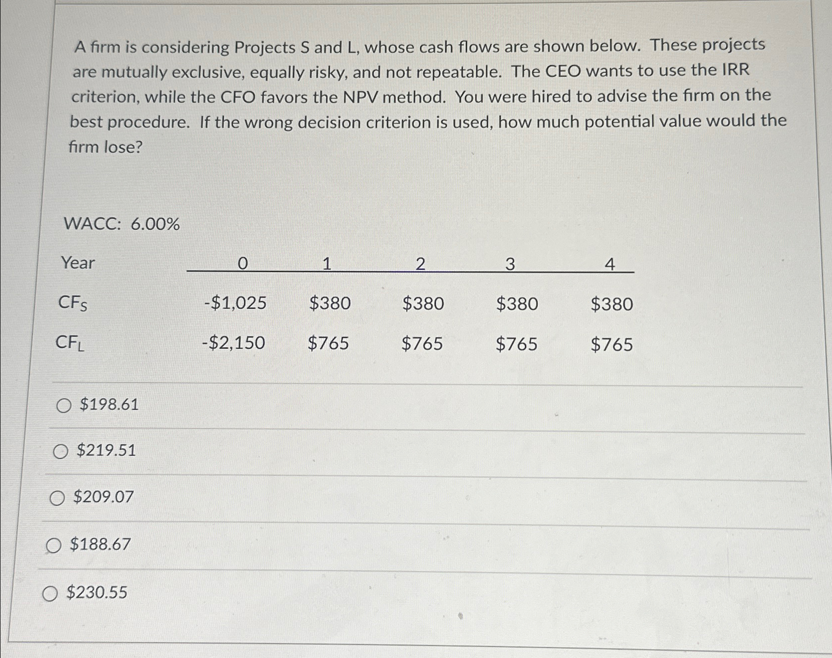  A firm is considering Projects S and L, whose cash flows
