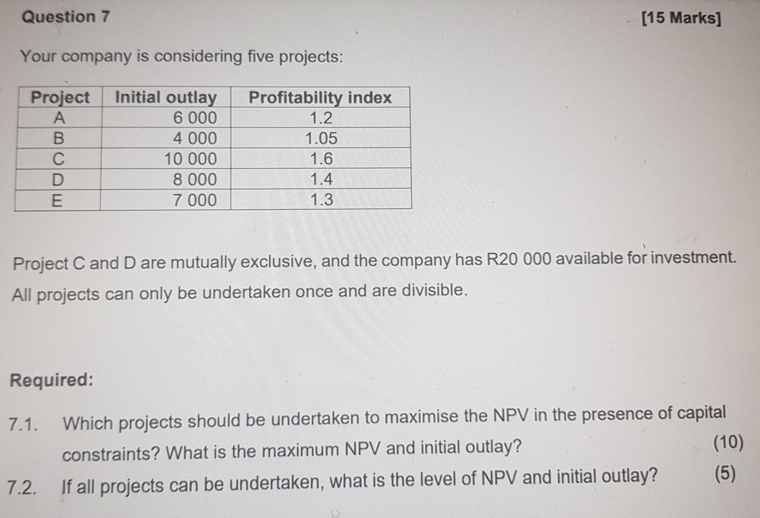  Question 7 [15 Marks] Your company is considering five projects: Project