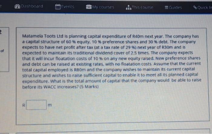  2 Dashboard Events My courses This course Guides Quick lin Matamela