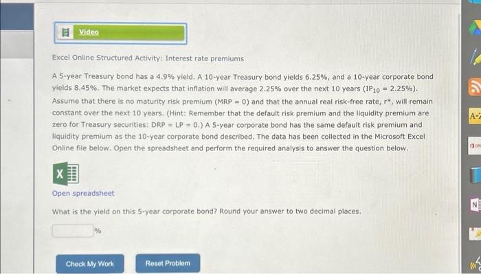 chapter 6 Excel Online Structured Activity: Interest rate premiums A 5-year Treasury