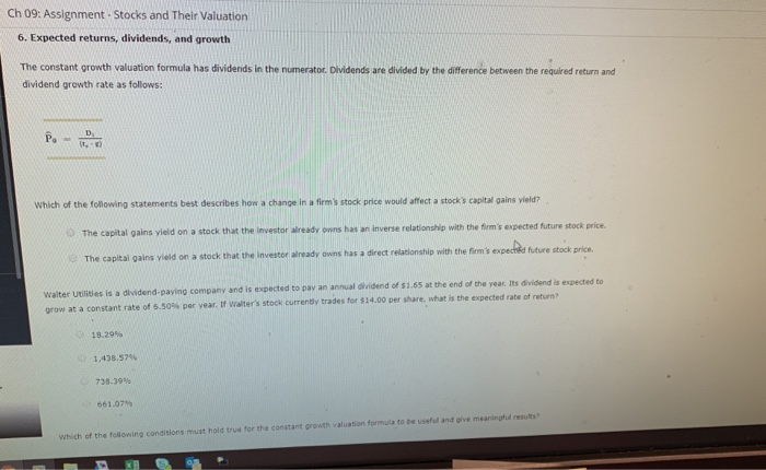  Ch 09: Assignment. Stocks and Their Valuation 6. Expected returns, dividends,