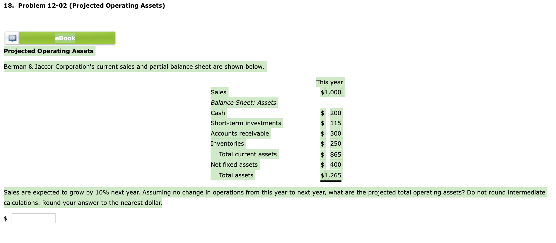 18. Problem 12-02 (Projected Operating Assets) eBook Projected Operating Assets Berman