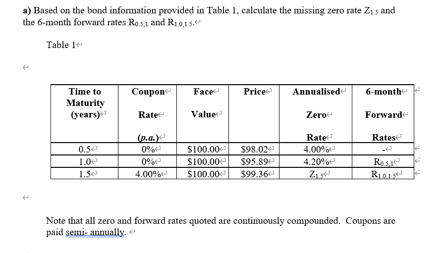  a) Based on the bond information provided in Table 1, calculate