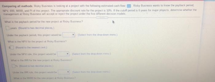  Comparing all methods. Risky Business is looking at a project with