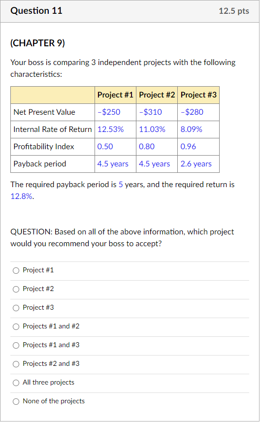  Question 11 12.5 pts (CHAPTER 9) Your boss is comparing 3