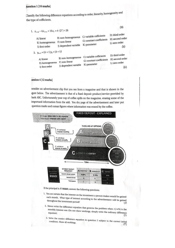 juestion 1 [10 marks) Classify the following difference equations according to