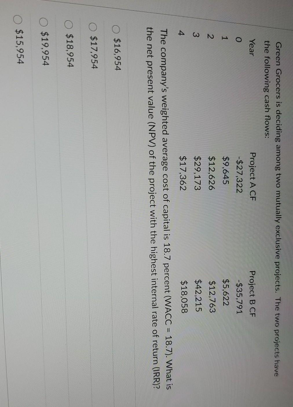  Green Grocers is deciding among two mutually exclusive projects. The two