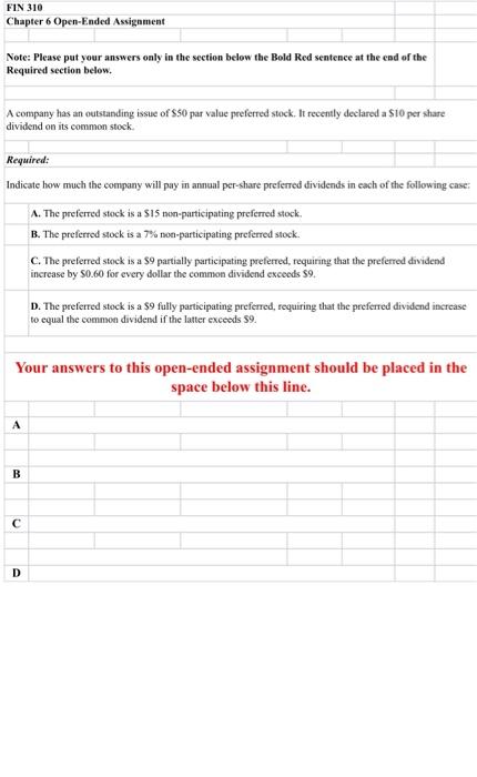  FIN 310 Chapter 6 Open-Ended Assignment Note: Please put your answers