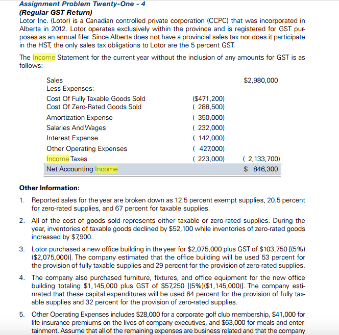 Assignment Problem Twenty-One - 4 (Regular GST Return) Lotor Inc. (Lotor)