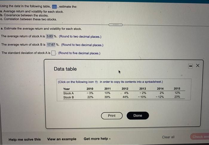 Using the data in the following table, E. estimate the a.