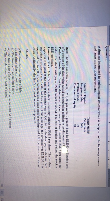  Quest A firm has determined its optimal capital structure which is