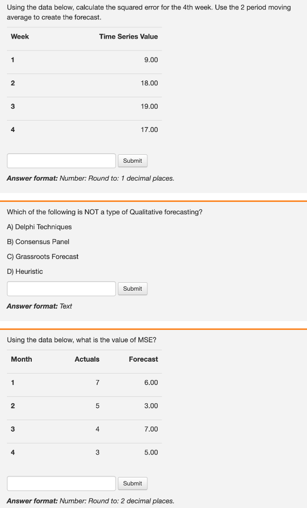  Using the data below, calculate the squared error for the 4th