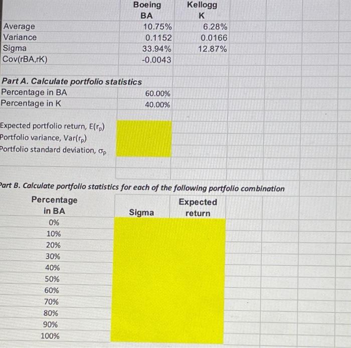show using excel, please and thank you Average Variance Sigma Cov(rBA,rK) Boeing