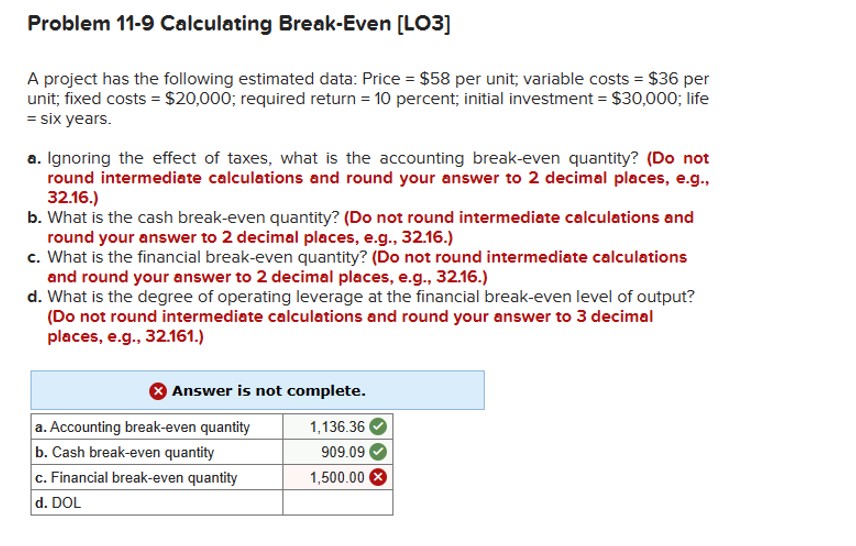  Problem 11-9 Calculating Break-Even [LO3] A project has the following estimated