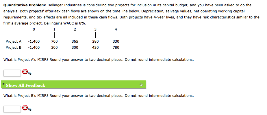  Bellinger Industries is considering two projects for inclusion in its capital