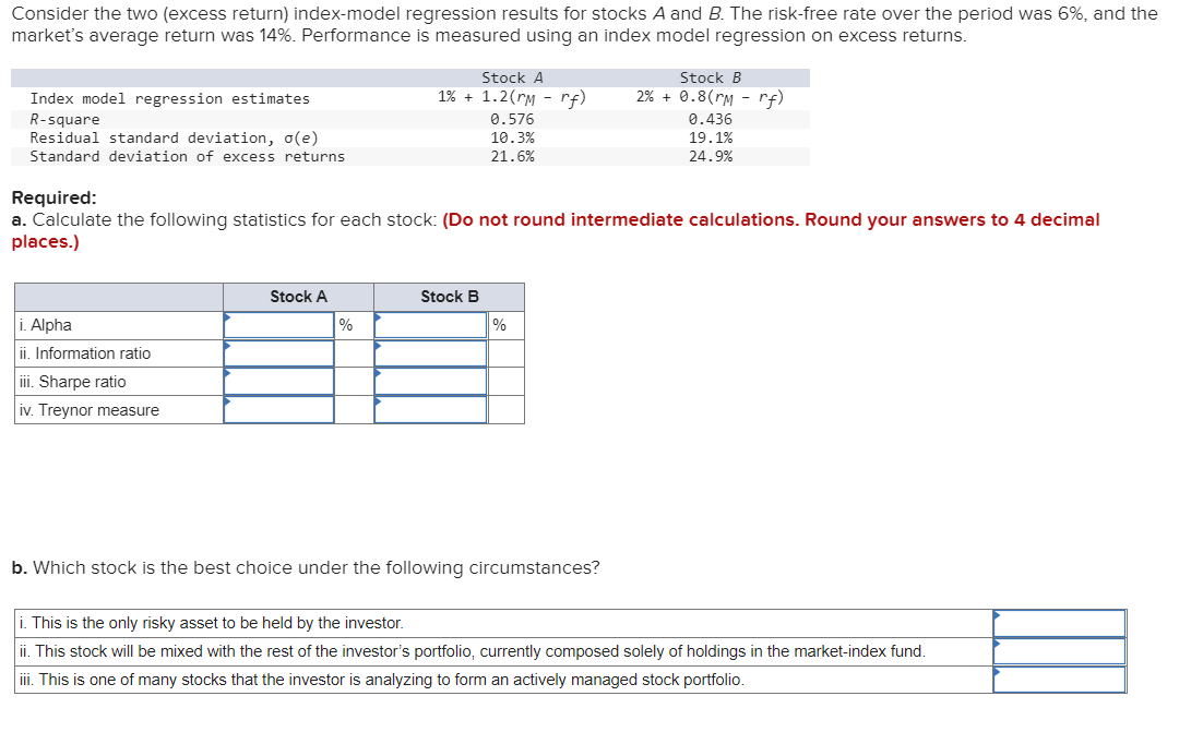  Consider the two (excess return) index-model regression results for stocks A