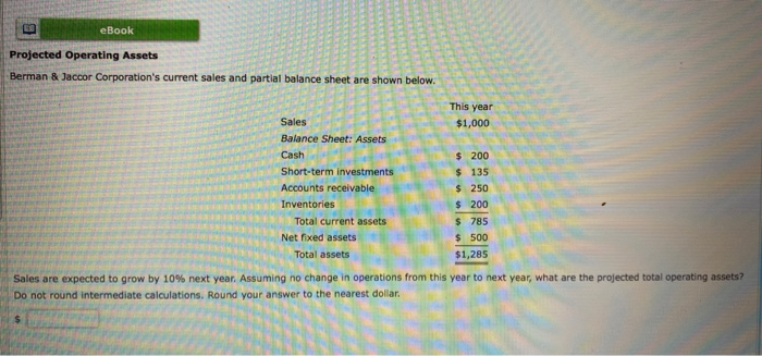  B eBook Projected Operating Assets Berman & Jaccor Corporation's current sales